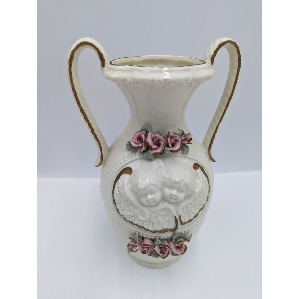 Ceramic Vase With Cherubs and Roses Gilded Gold Trim Urn Style 2 Handles 10"